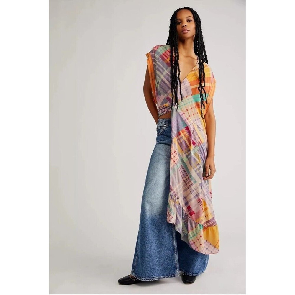 NWOT Free People Haut Long Gone Sailing Maxi Top Large L Boho Plaid